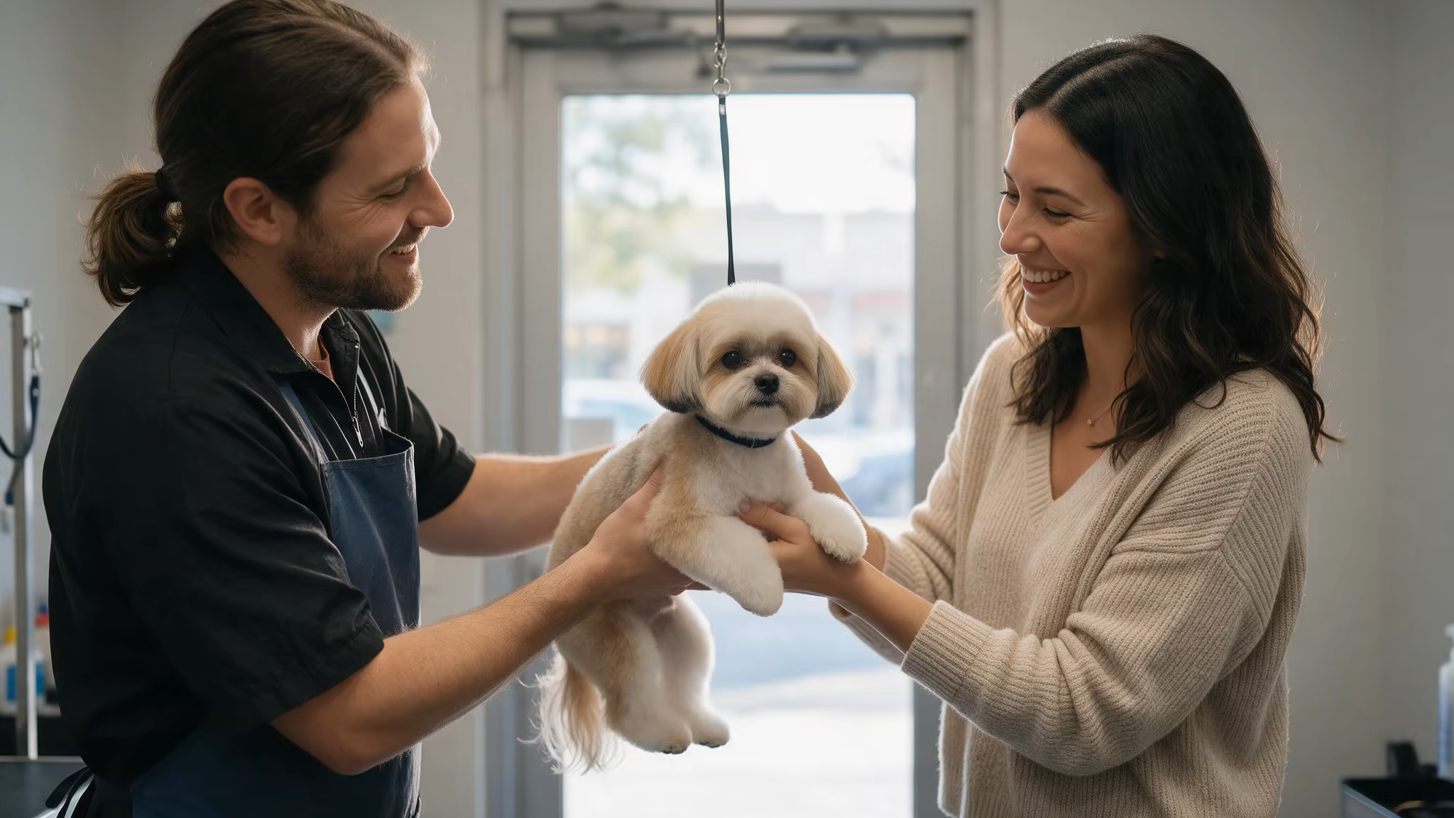 Freshly groomed dog handed back to its owner at the salon exit