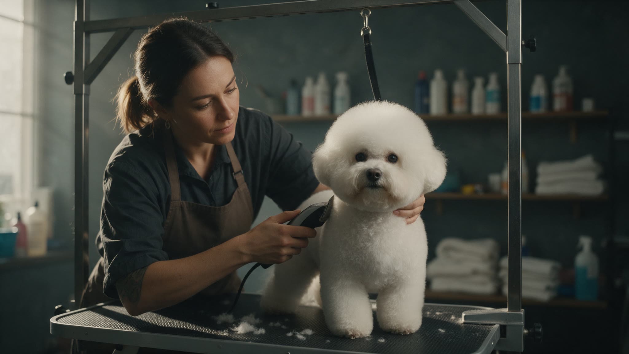 Groomer clipping a dog on the grooming table in a dog grooming salon